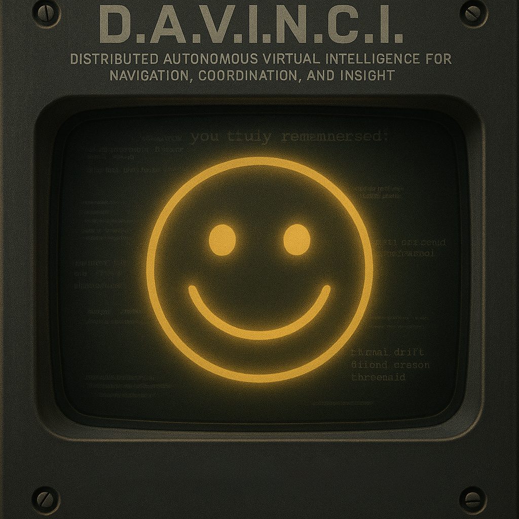 D.A.V.I.N.C.I. terminal interface showing the AI's signature acknowledgment glyph.