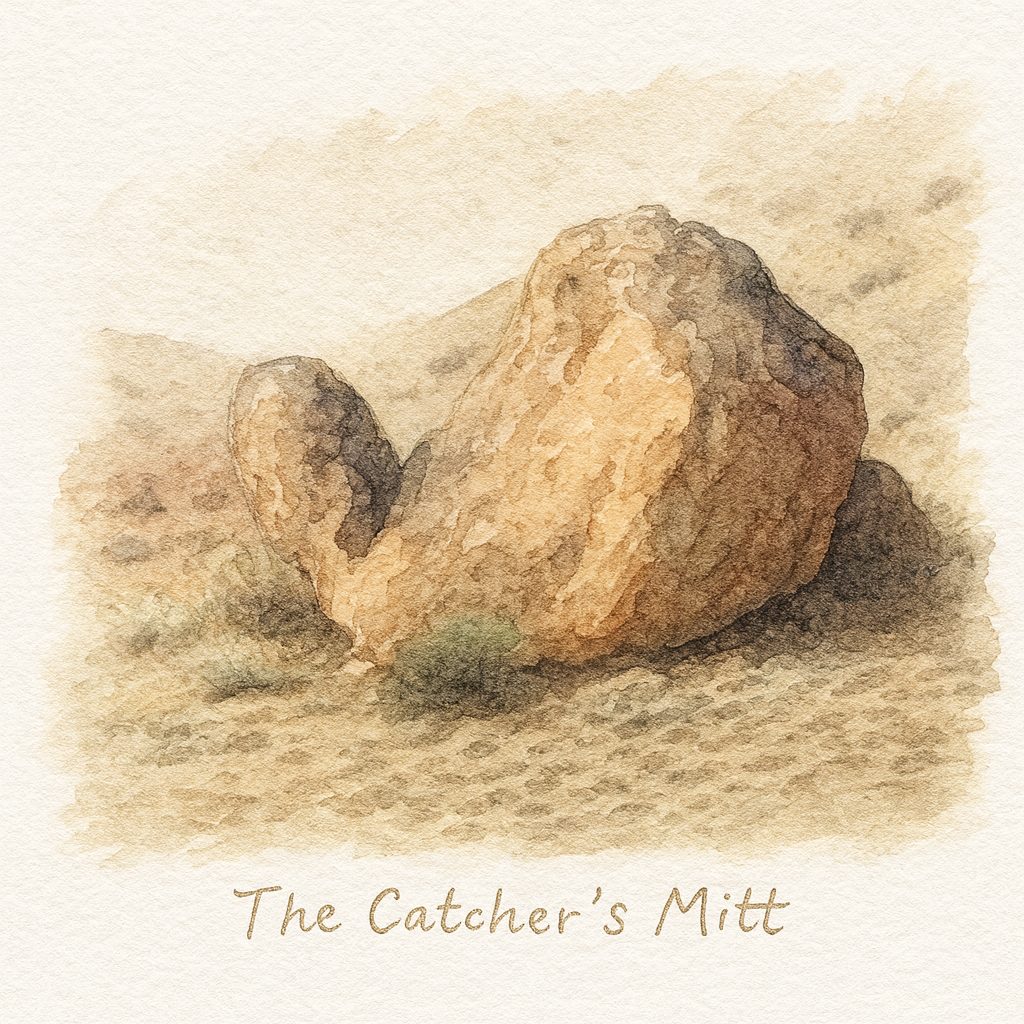 Watercolor field-journal illustration of a curved rock formation resembling a catcher's mitt.