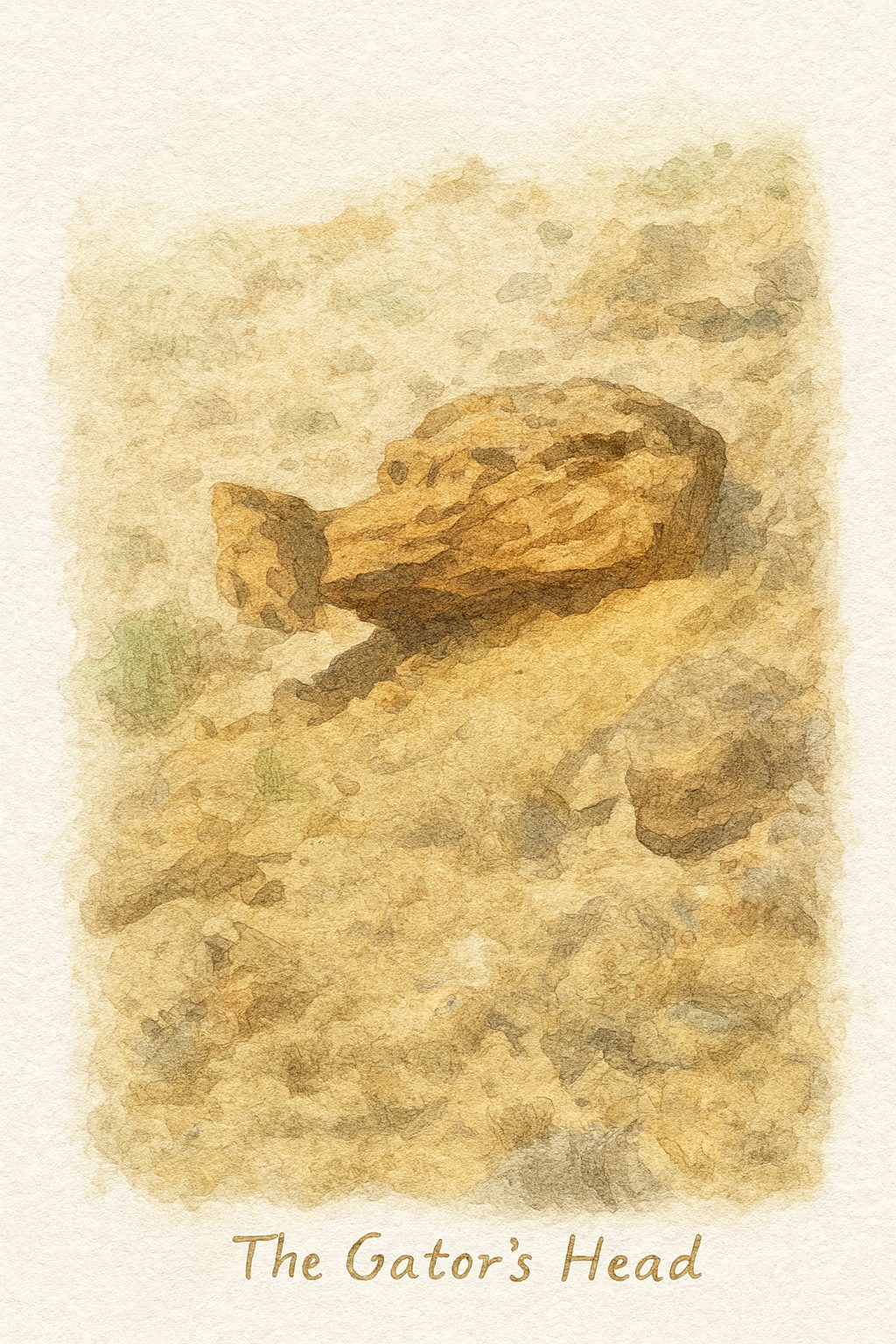 Watercolor field-journal illustration of a long horizontal rock resembling a reptile's head.