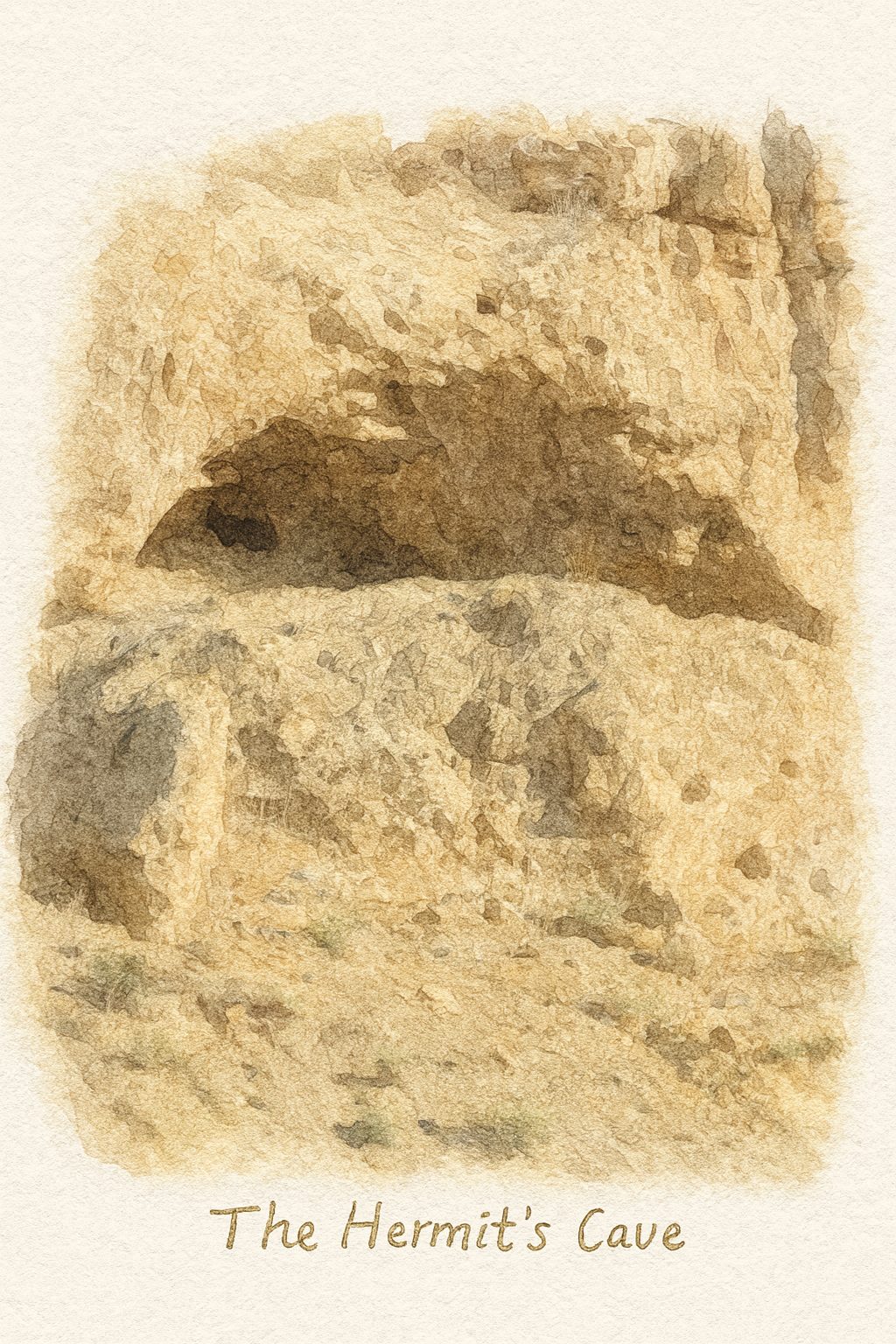 Watercolor field-journal illustration of a recessed rock alcove.