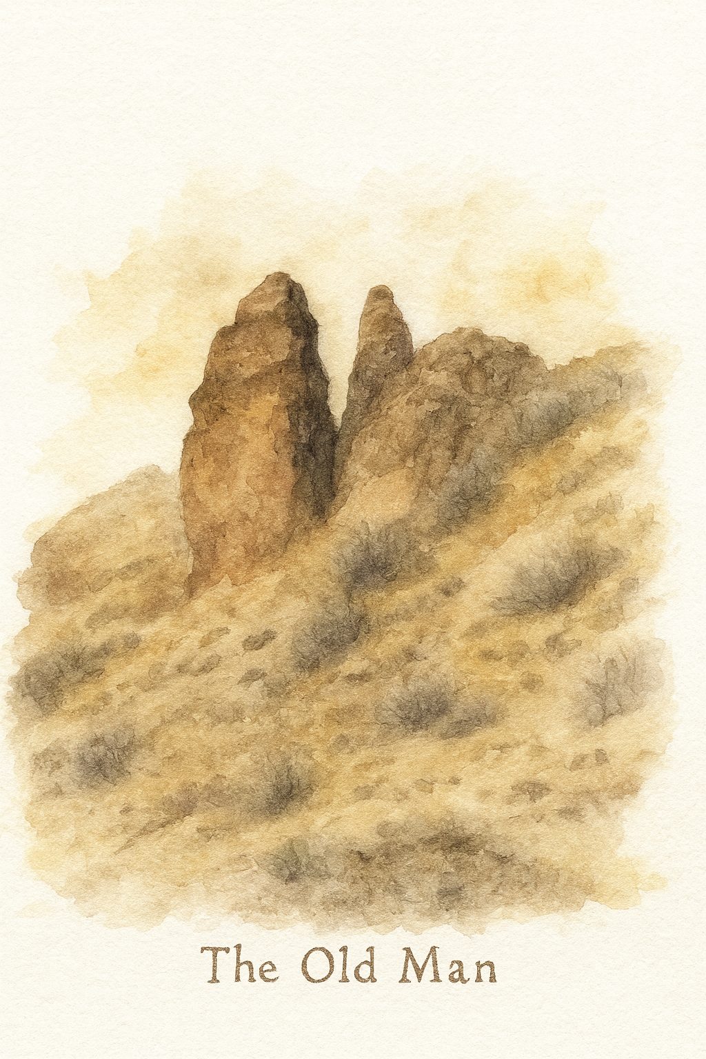 Watercolor field-journal illustration of twin stone pinnacles.