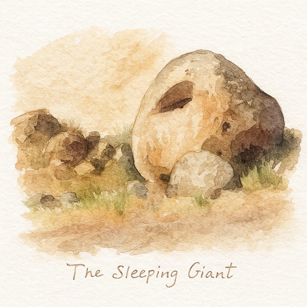 Watercolor field-journal illustration of a large rounded boulder formation.